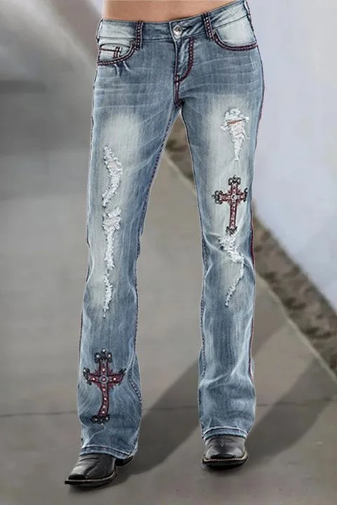 Ripped Embroidery Low Waist Bootcut Jeans