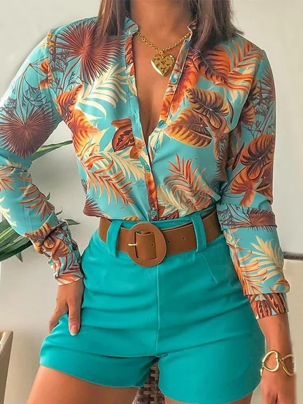 Deep V-Neck Long Sleeves Buttoned Flower Print Shirts Top +Belted Shorts Bottom Two Pieces Set