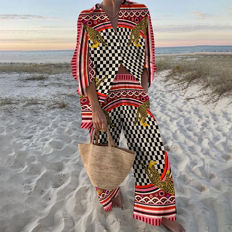 Women's Geometric Leopard Printed Shirt & Pants Two-piece Set