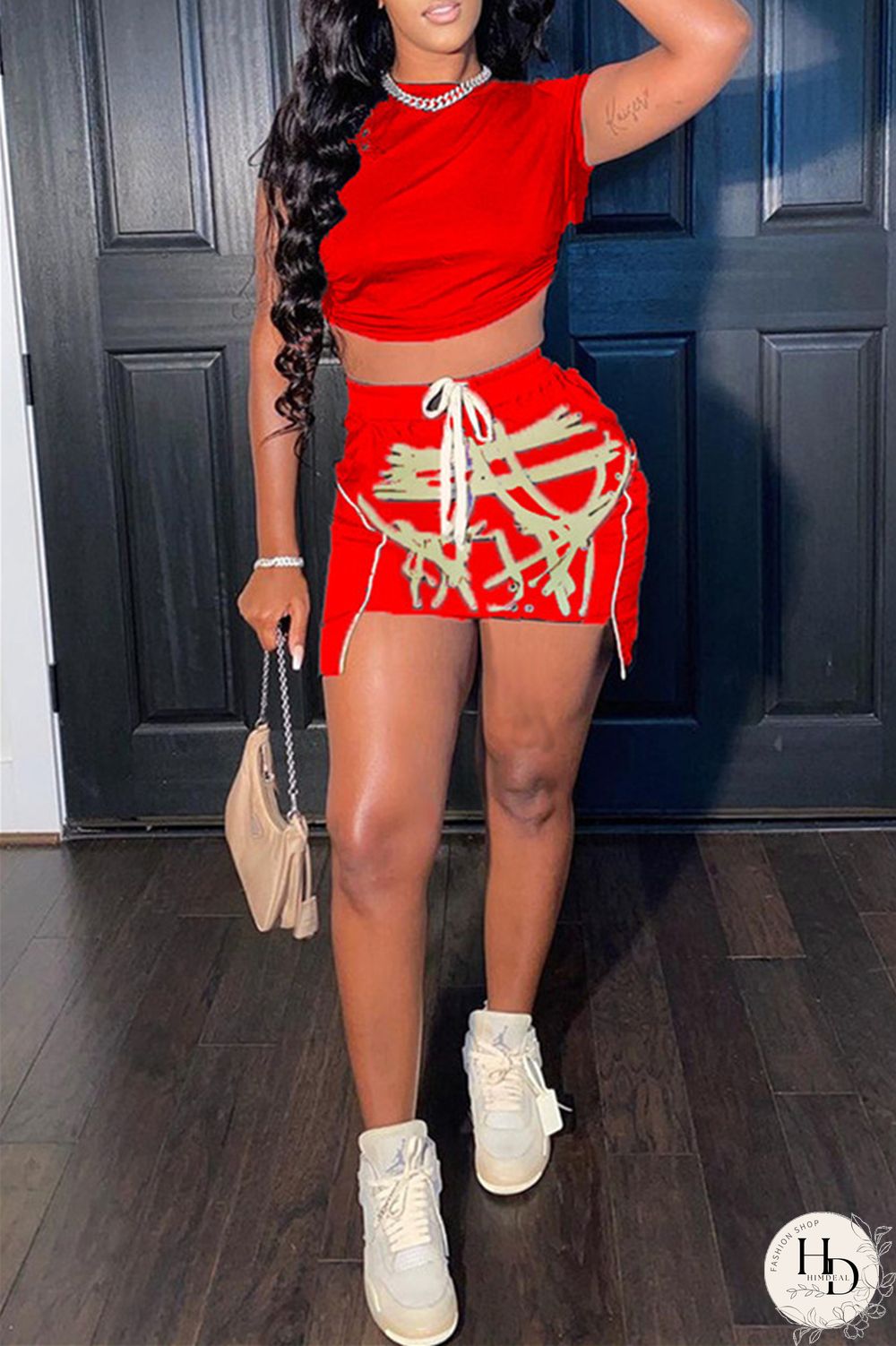 Red Fashion Sexy Print Asymmetrical O Neck Short Sleeve Two Pieces