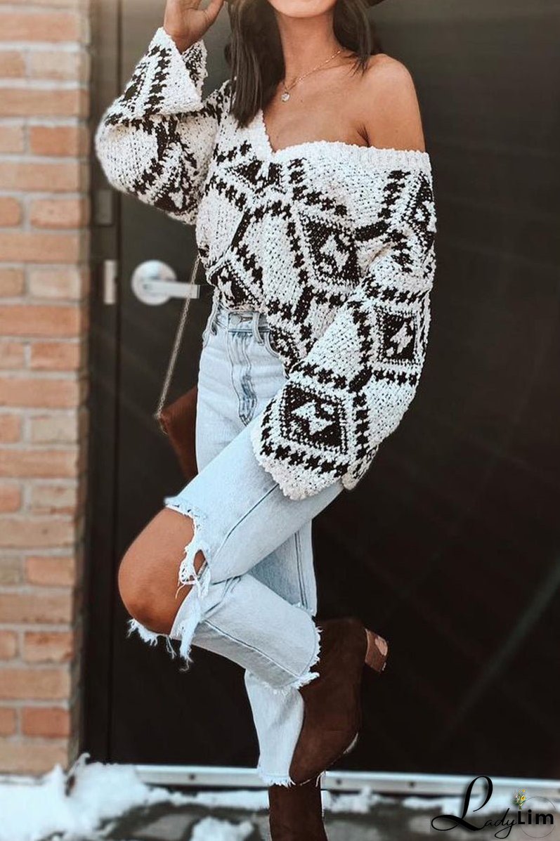 Oversized Geometric Print V Neck Sweater