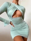 Sexy Cross-Strap Hollow Solid Color Long Sleeves Mini Dress