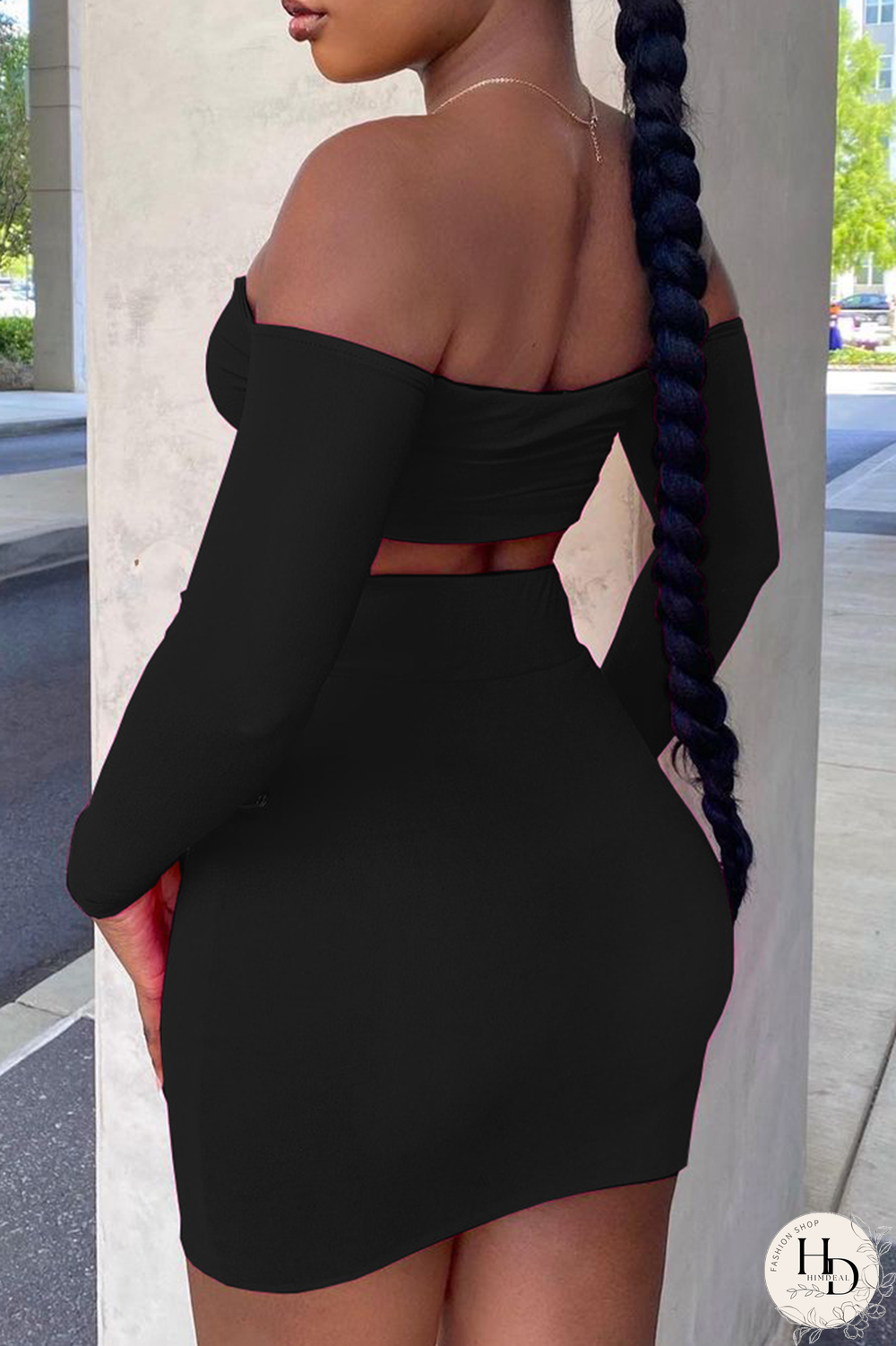 Black Sexy Solid Hollowed Out Off the Shoulder Long Sleeve Two Pieces