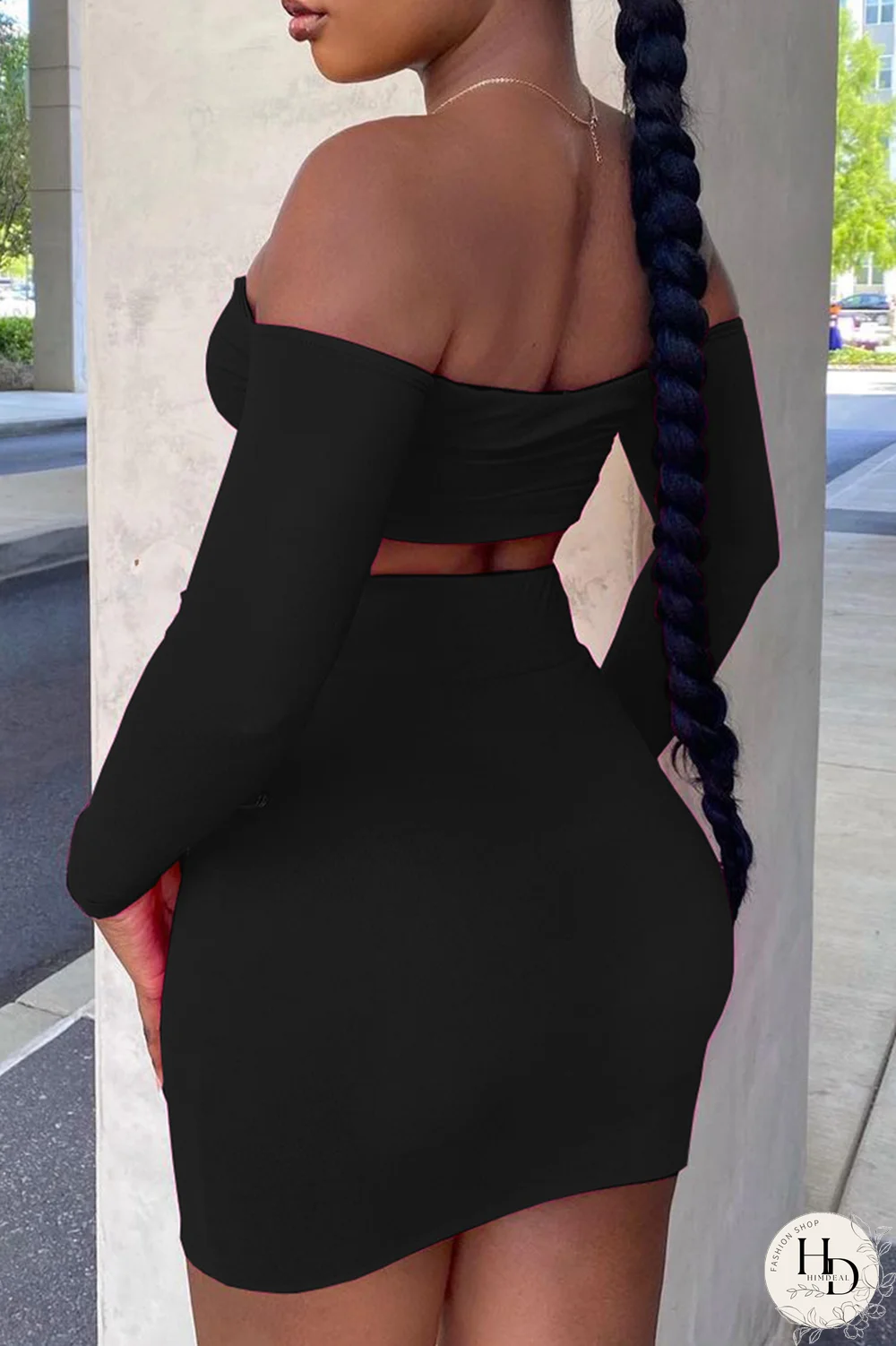 Black Sexy Solid Hollowed Out Off the Shoulder Long Sleeve Two Pieces