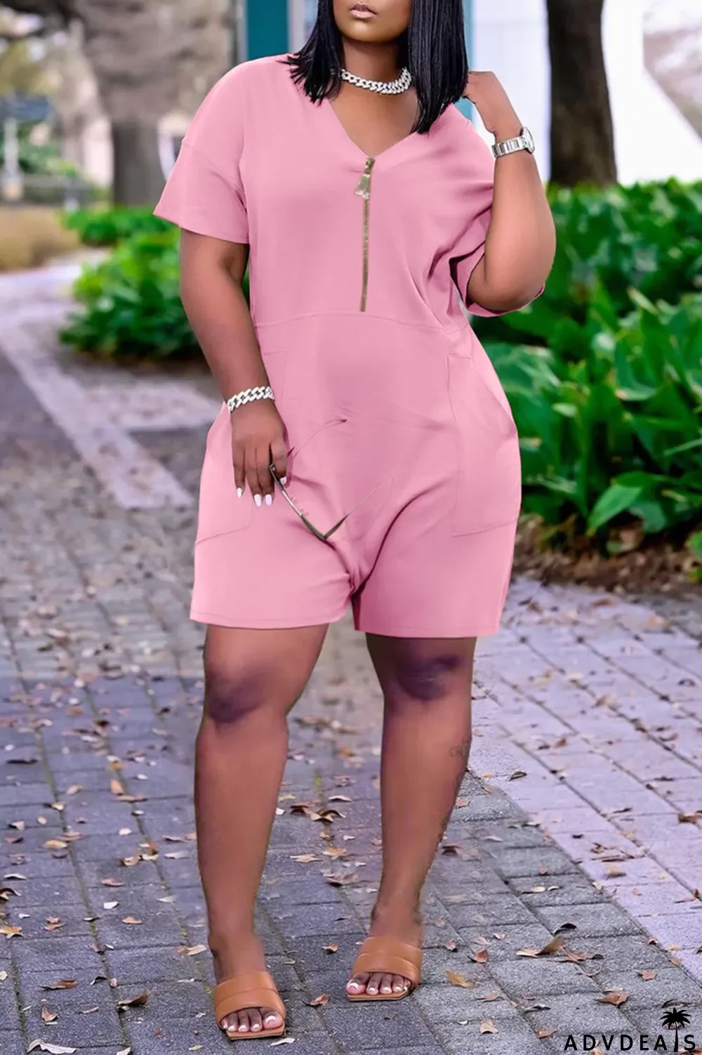 White Fashion Casual Solid Pocket V Neck Loose Romper