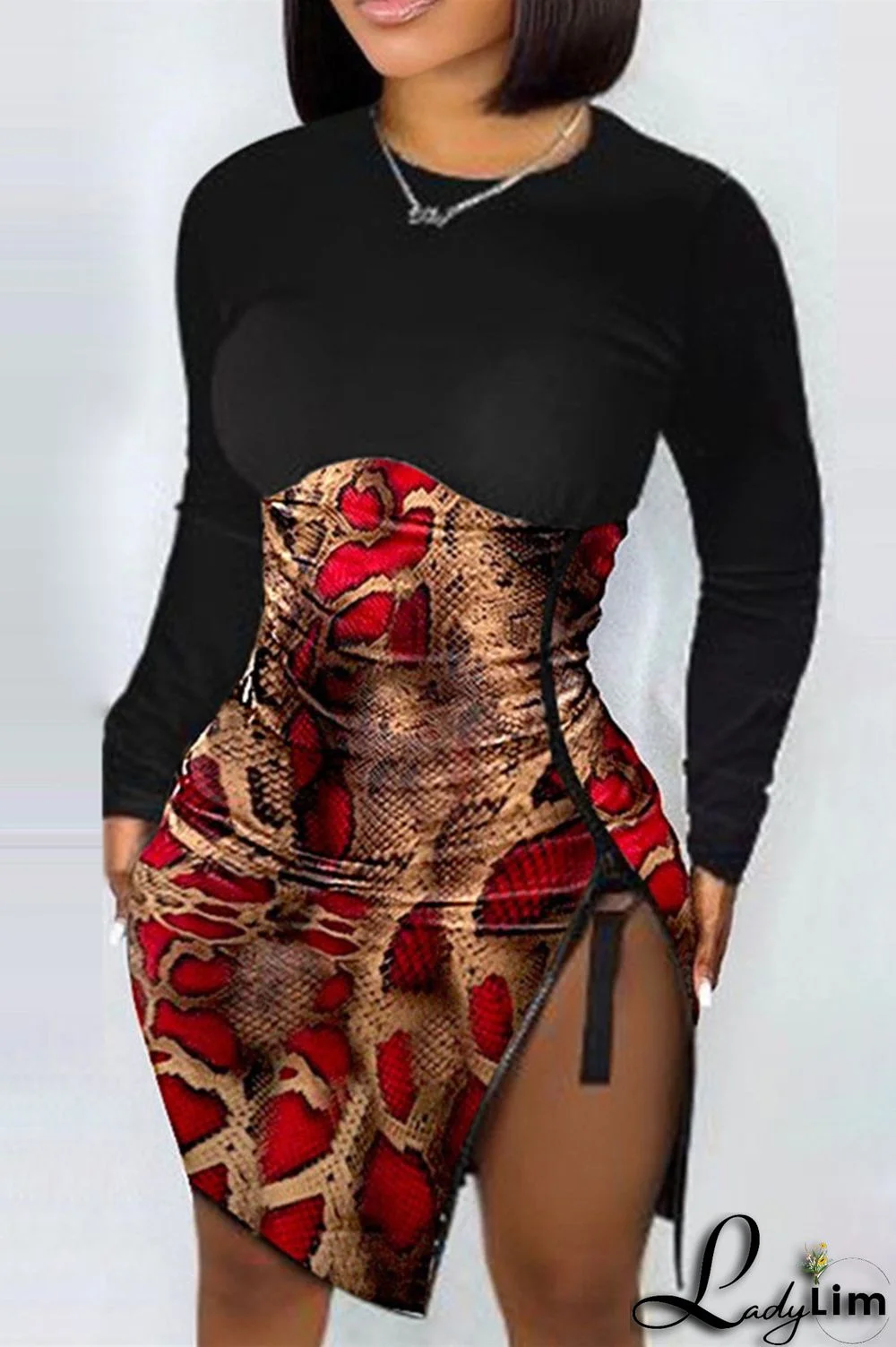 Red Fashion Casual Print Split Joint Slit O Neck Long Sleeve Dresses