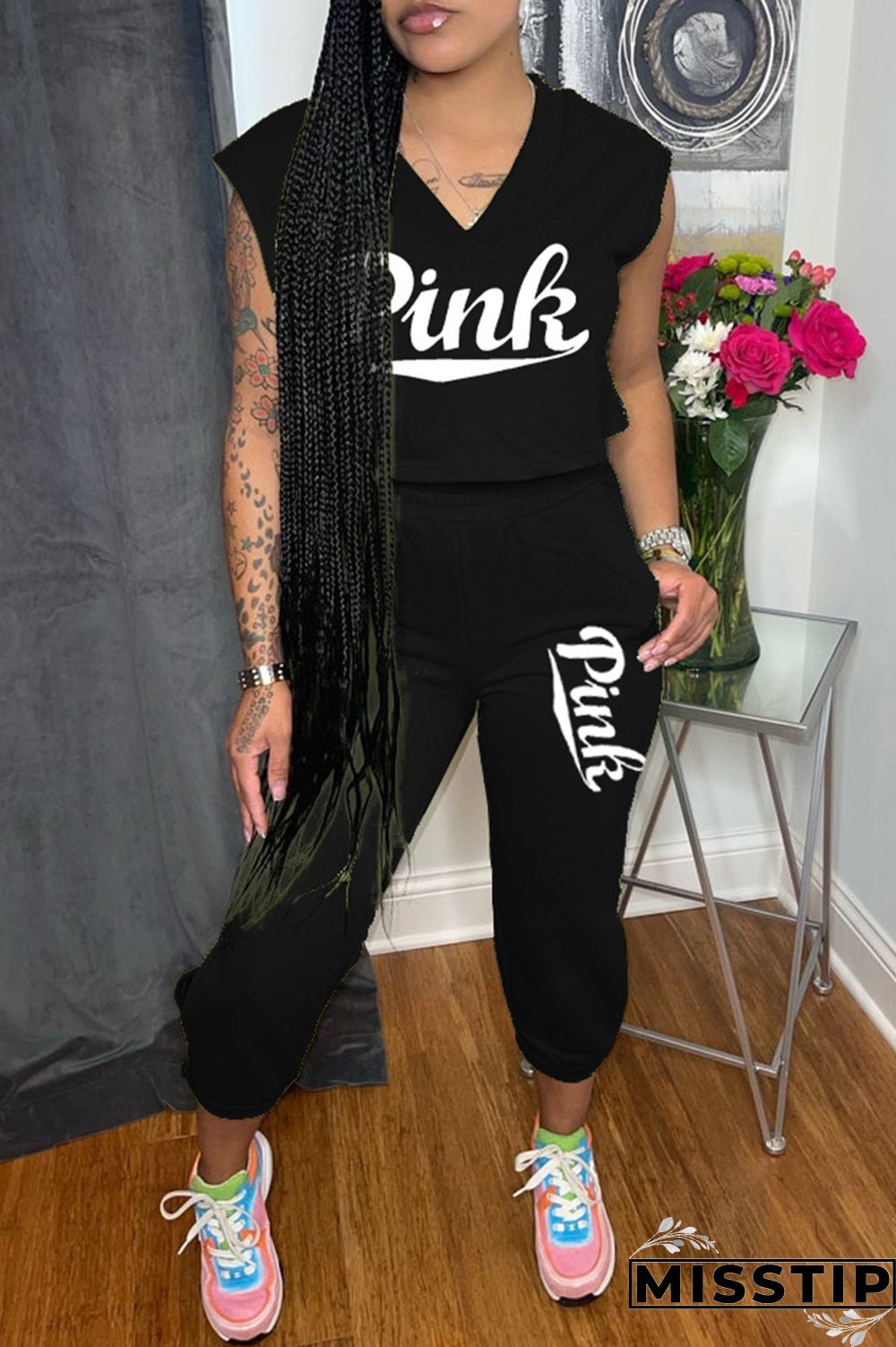 Grey Fashion Casual Letter Print Basic V Neck Sleeveless Two Pieces