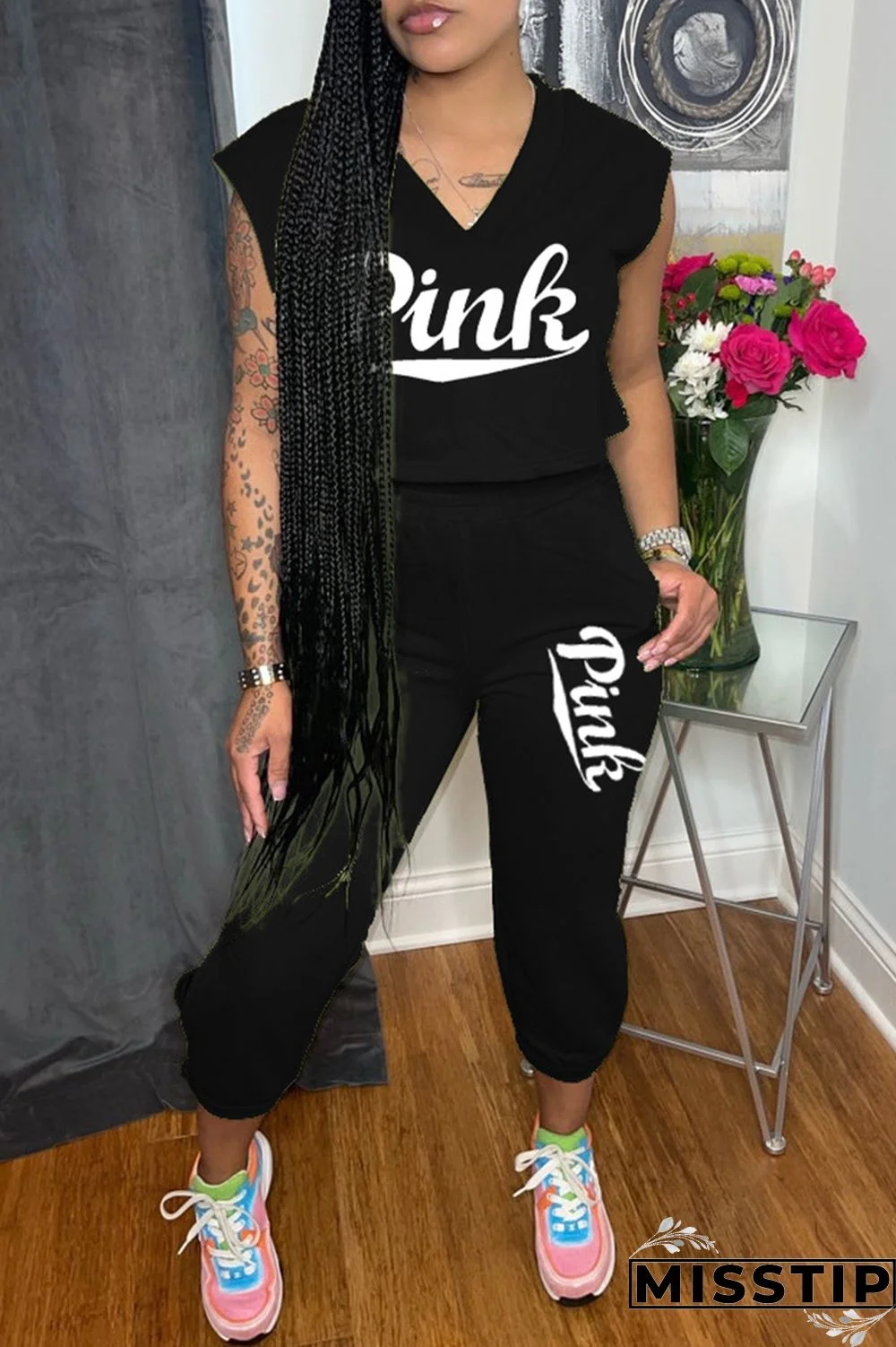 Grey Fashion Casual Letter Print Basic V Neck Sleeveless Two Pieces