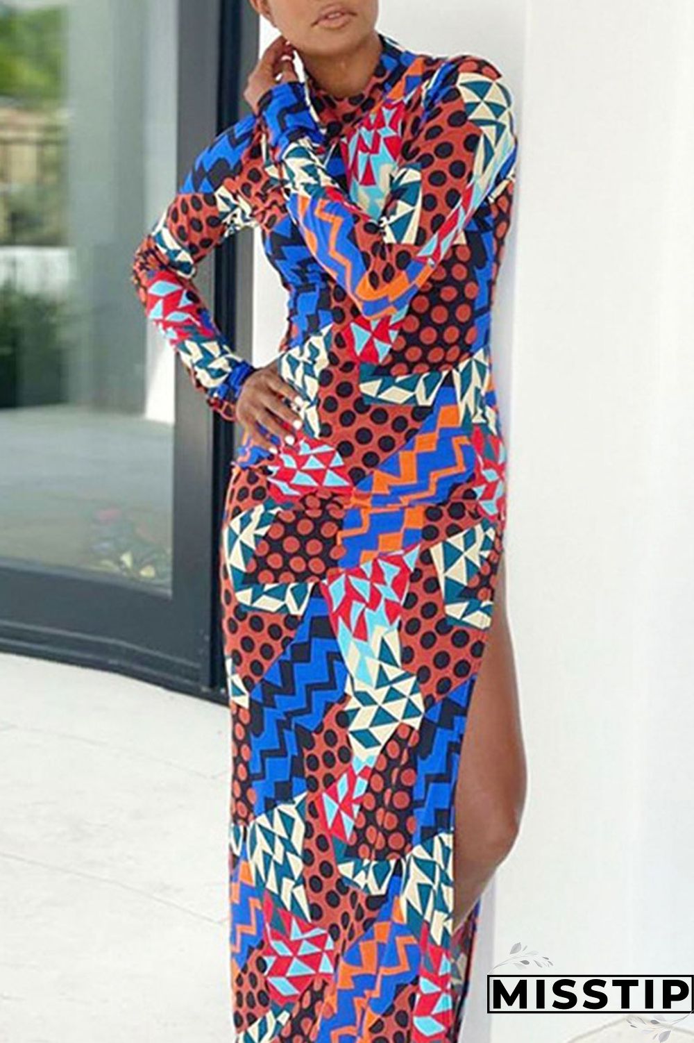 Colour Sexy Print Patchwork Slit Half A Turtleneck Long Sleeve Dresses
