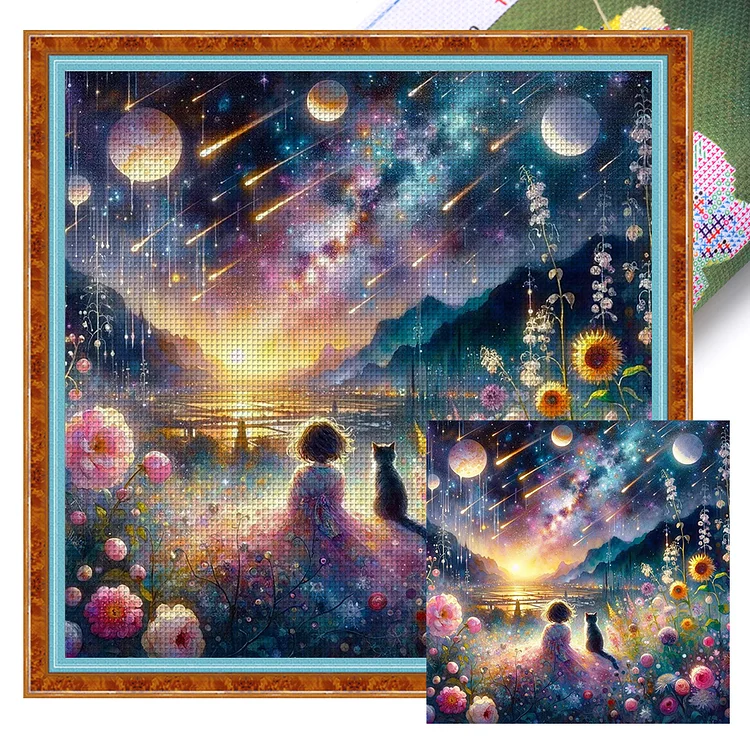 Girl And Kitten Watching Shooting Stars (50*50cm) 11CT Stamped Cross Stitch gbfke