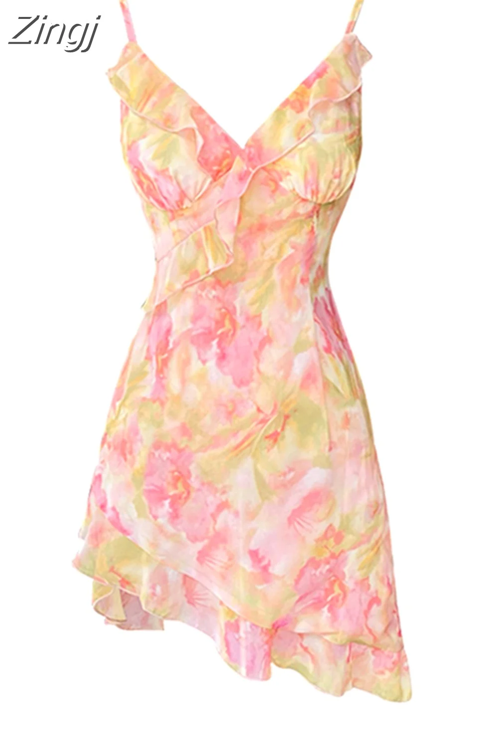 Zingj Women Sexy Backless V-Neck Floral Print Suspender Dress Fashion French Elegant Holiday Party Club Sweet Mini Dress 2025 Summer 413-1
