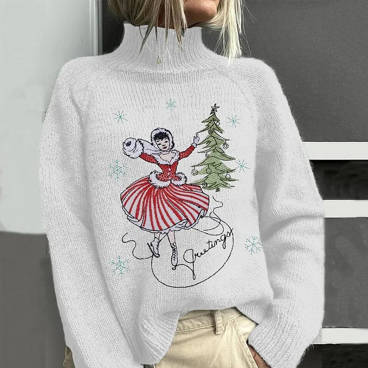Christmas Girl Skating Under The Christmas Tree Creative Printed Sweater