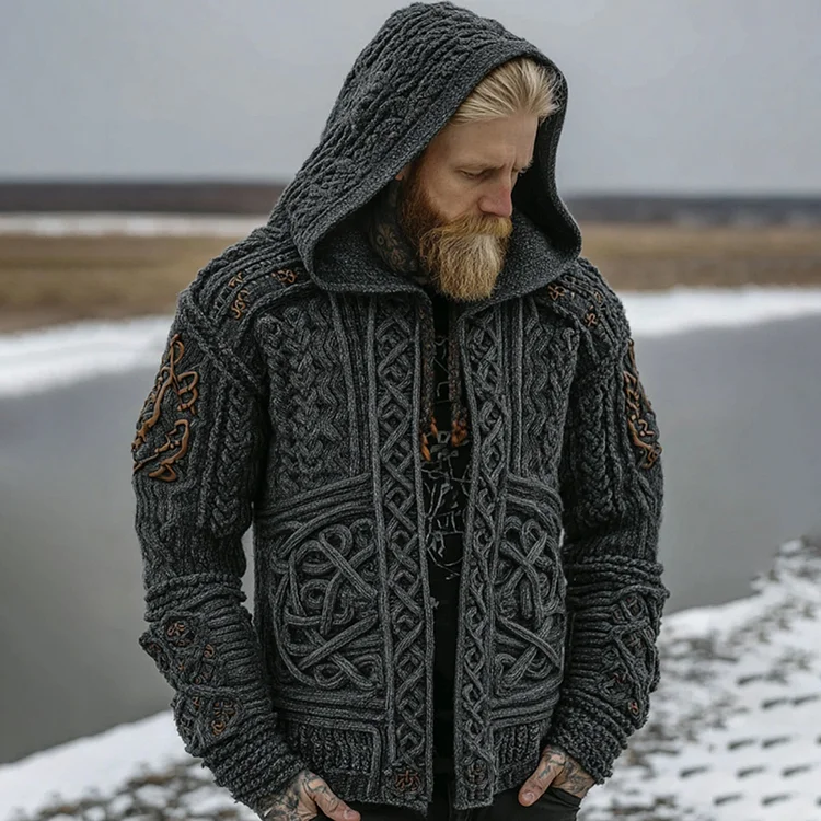 Men's Vintage Viking Jacquard Warm Hooded Sweater Cardigan