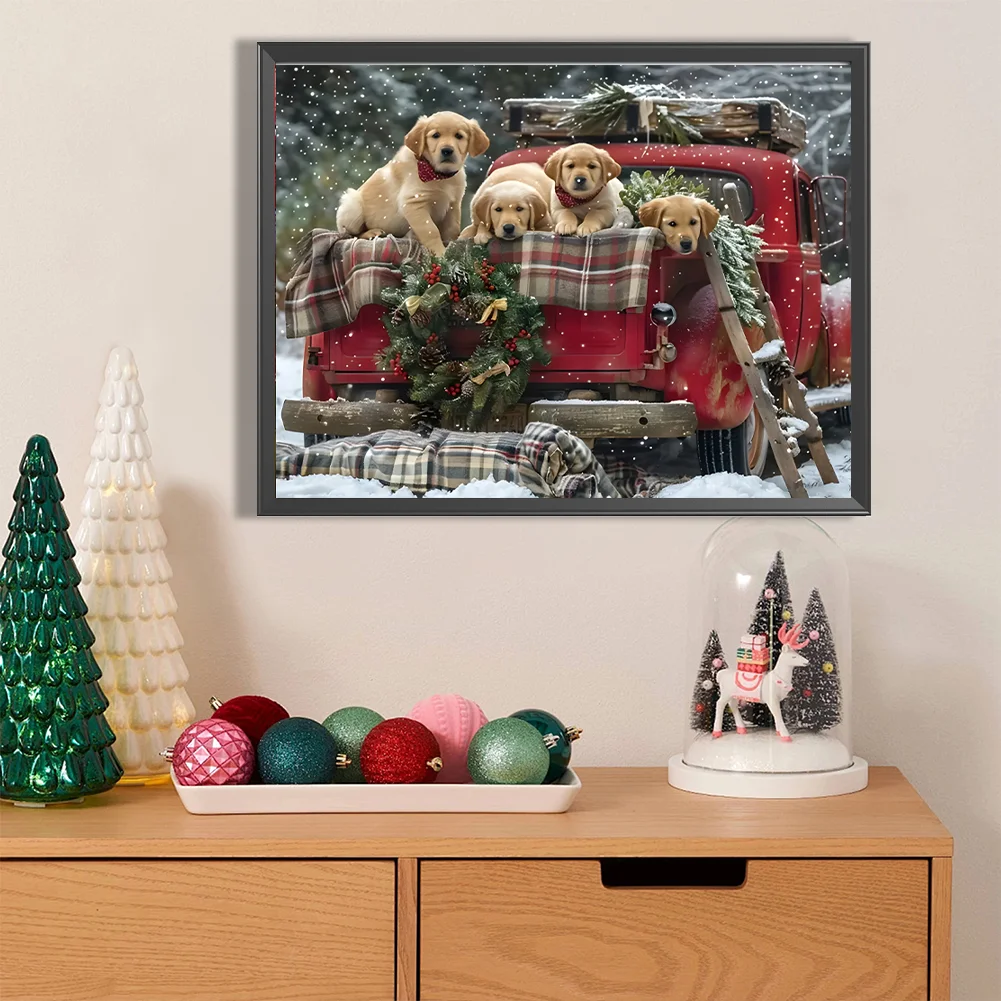 Diamond Painting - Full Round Drill - Xmas Car Dogs(Canvas|40*30cm)