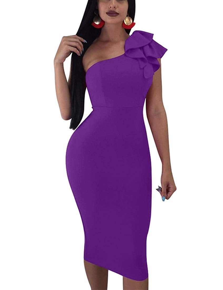 Women's Sexy Ruffle One Shoulder Sleeveless Bodycon Party Club Midi Dress