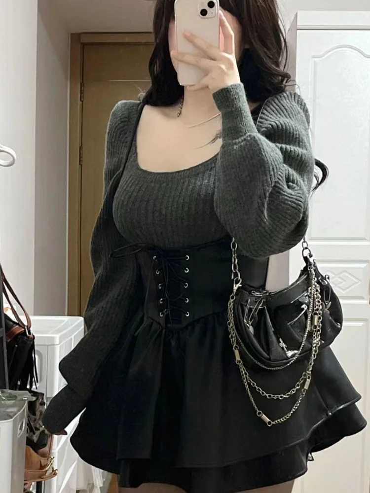 Woherb Winter High Waist Leather Black Mini Dress + Casual Knitted Sweater Elegant Clohting Woman Korean Fashion Suit Design Chic-Outfit Ideas