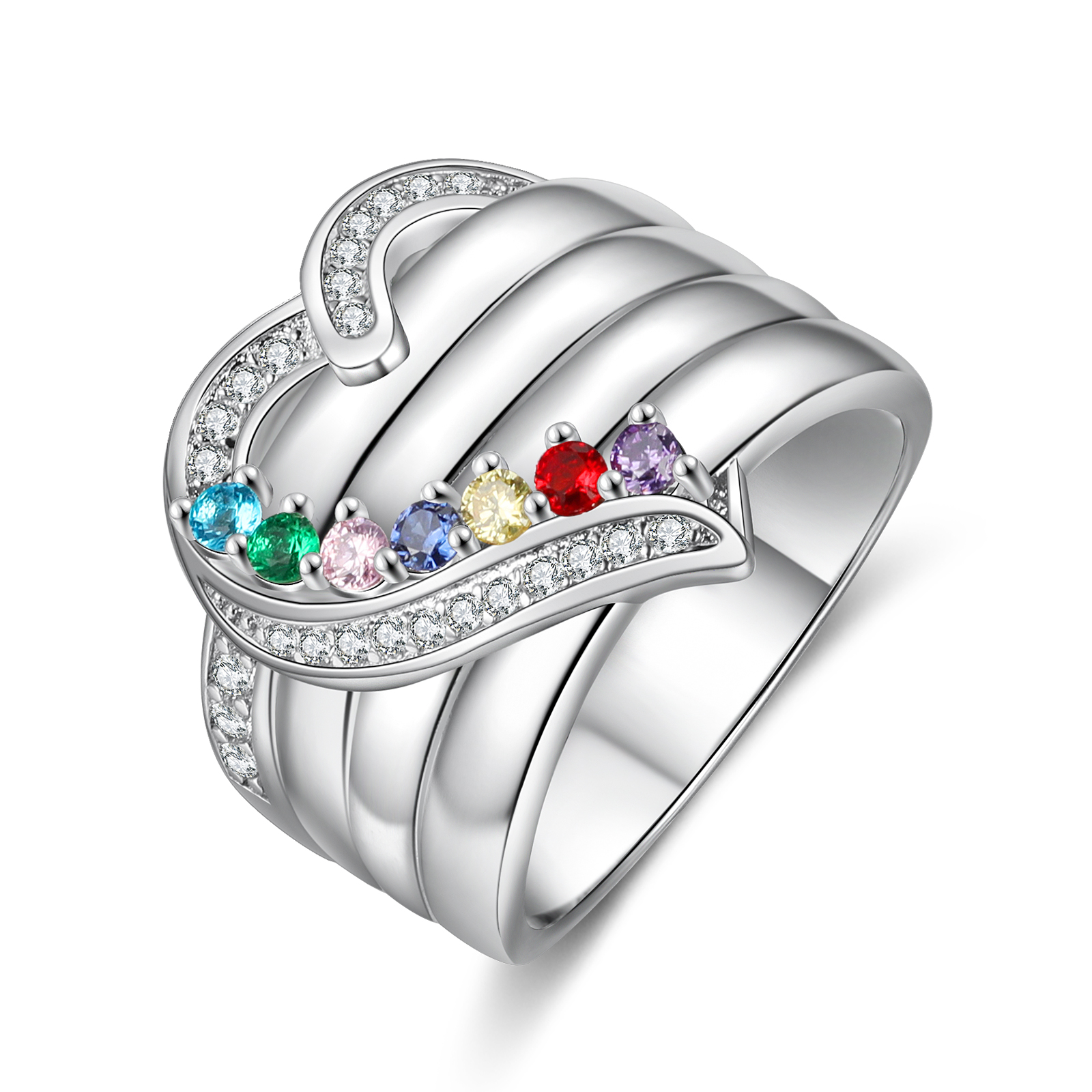 Anello d'argento 925 cuore con 7 nomi e 7 pietre di nascita e 1 testo personalizzati regalo per donna