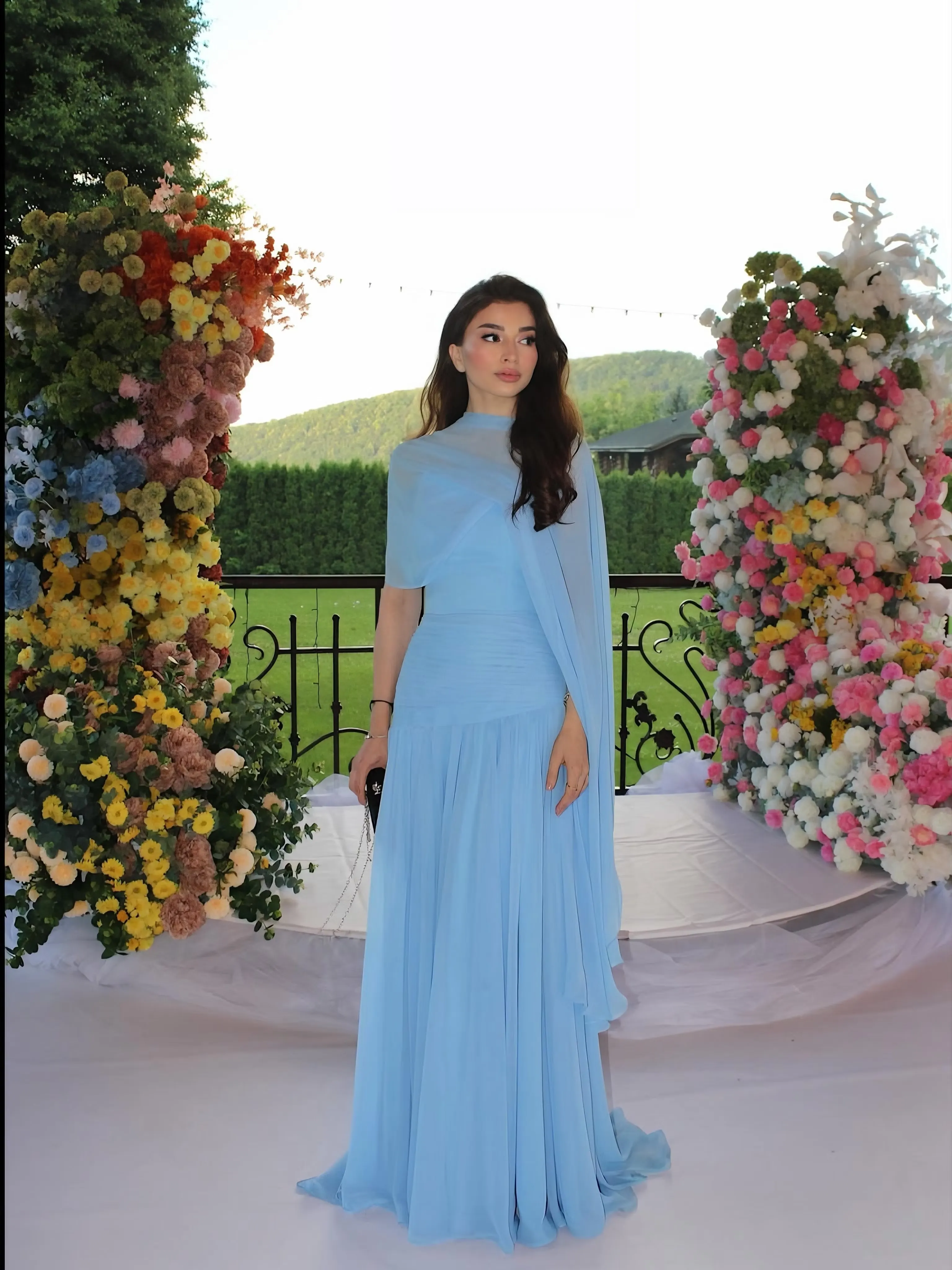 Chiffon High Neck Sleeveless High-Waisted Long Pleated A-Line Prom Dress With Cape Overlay | WT0156 Wellcucu