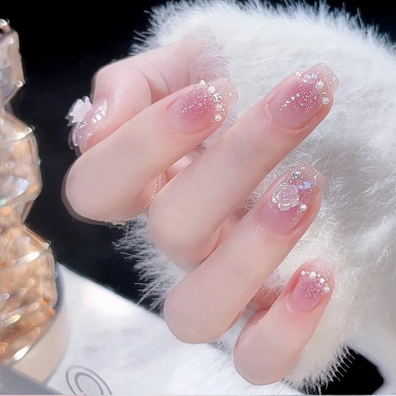 Buyerint 24pcs Wearable Pink Press on Nails – Butterfly Lovely Girl False Nails Tips with Jelly Gel Design  