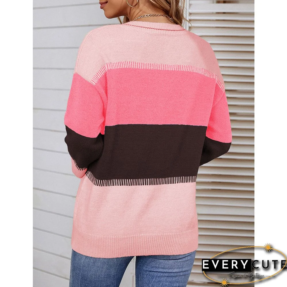 Pink Color Block V Neck Knit Sweater