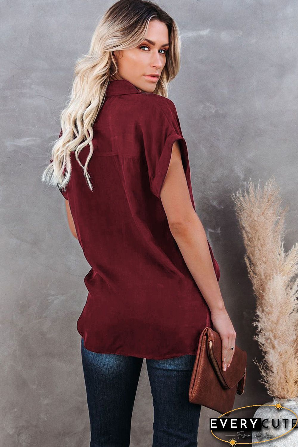 Wine Red Collared Button Short Sleeves Shirt