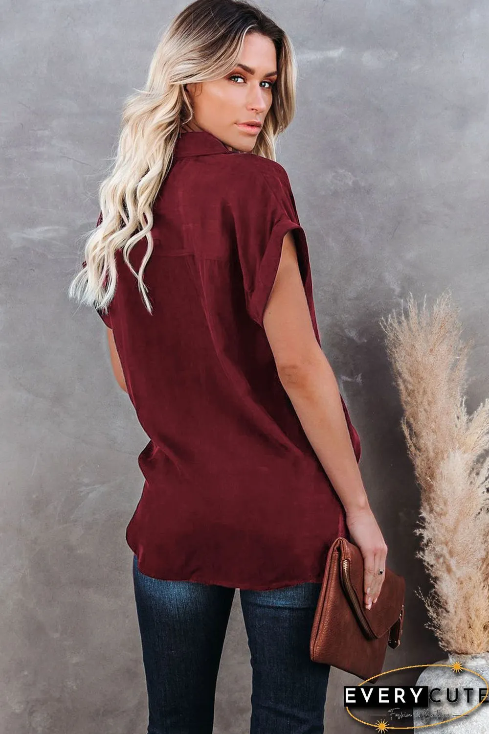 Wine Red Collared Button Short Sleeves Shirt
