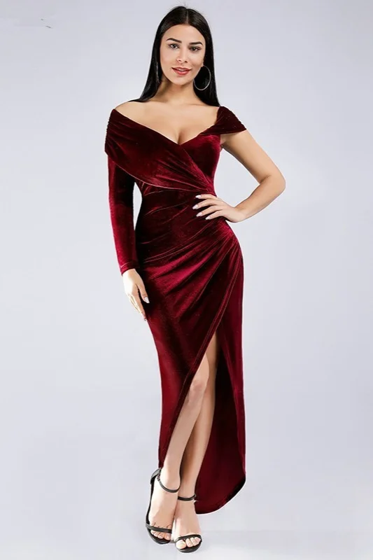 Burgundy Off-the-Shoulder Velvet Split Prom Dress Online