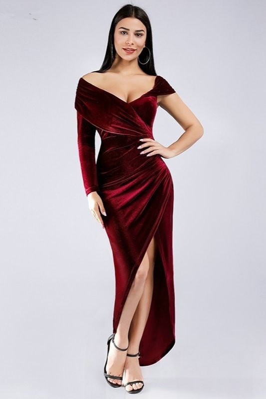 Burgundy Off-the-Shoulder Velvet Split Prom Dress Online - lulusllly
