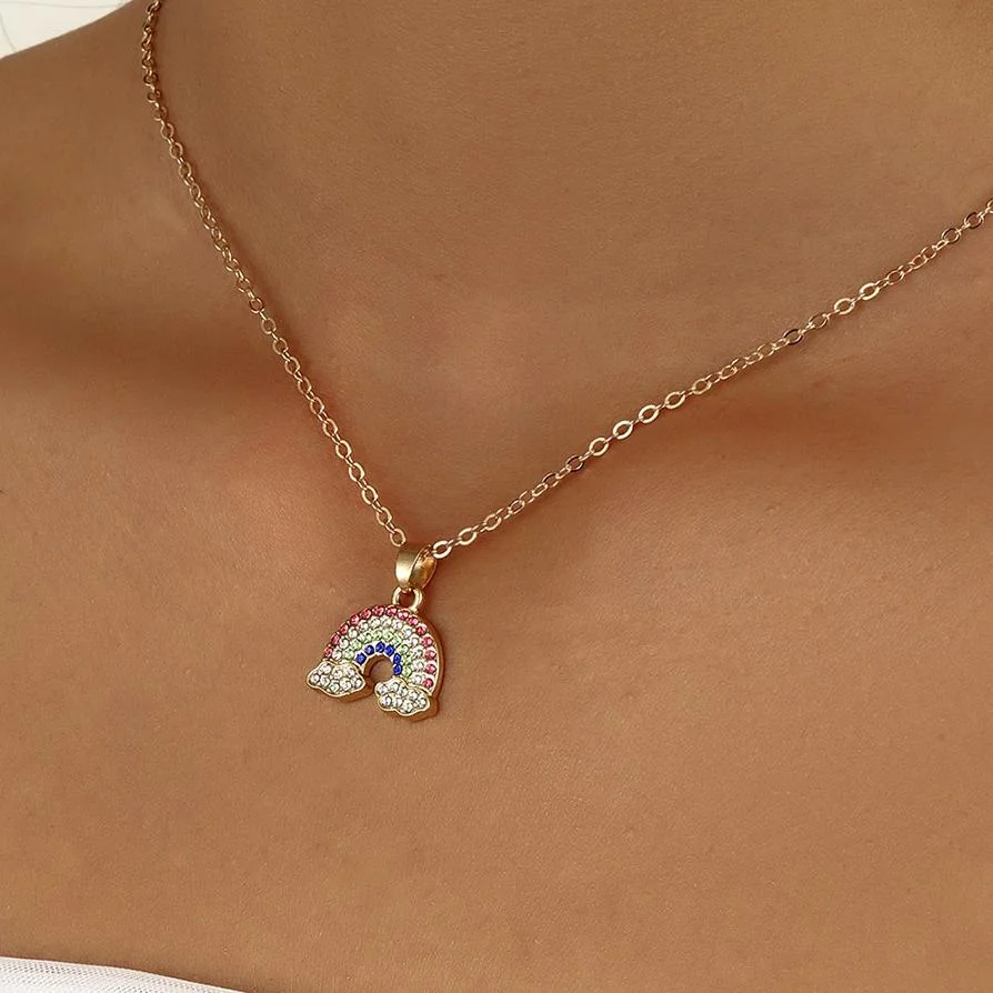 Simple Rainbow Necklace with Colorful Diamonds