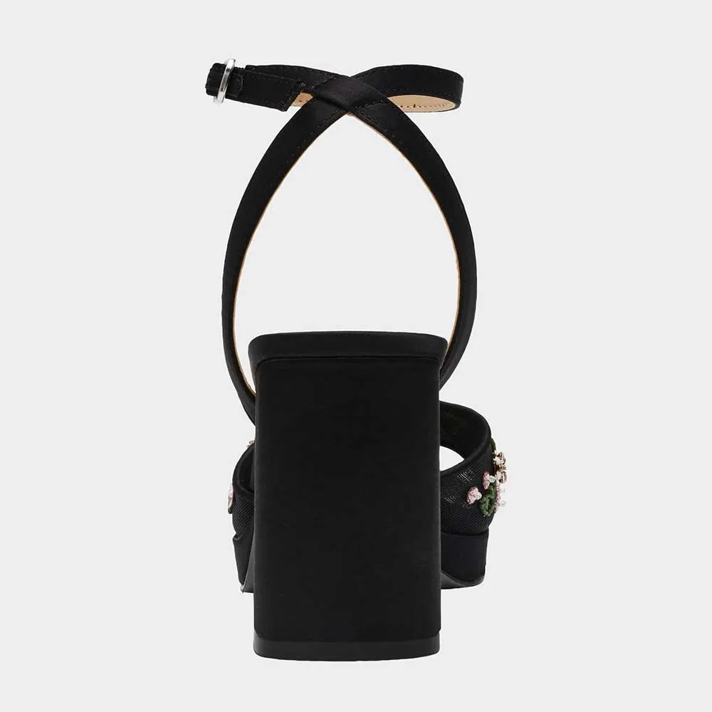 Black Square Toe Platform Floral Detail Ankle Strap Women Sandals