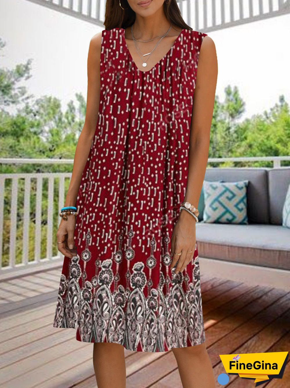 Women Casual Sleeveless V-neck Floral Printed Midi Dress