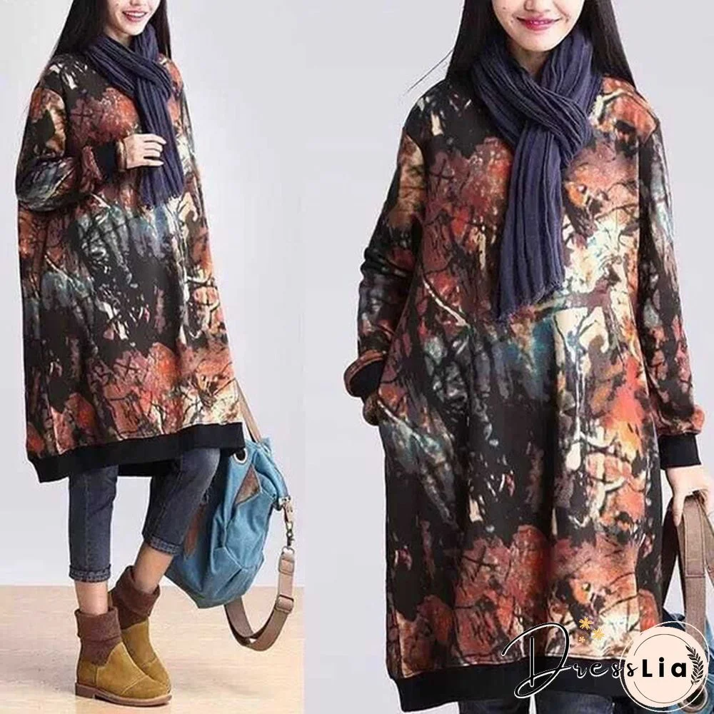 Autumn Winter Women Printed Midi Dress Tunic Long Sleeve Pockets Warm Vintage Casual Loose Long Sweatshirt Dress Plus Size
