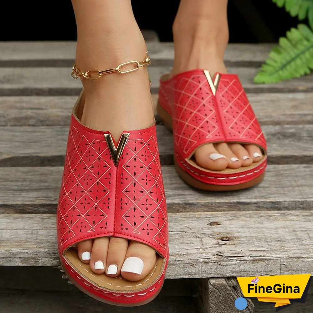 Women Vintage Hollow Out Wedge Slide Sandals Slippers Shoes