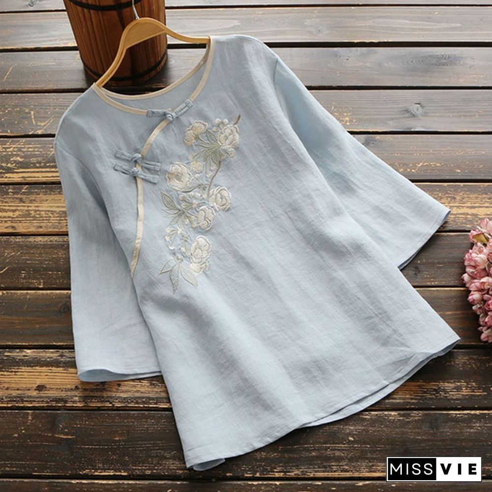 Women Spring Summer Retro Buckle Shirt Top Chinese National Style Embroidery Three Quarter Sleeve Floral Cheongsam Shirts