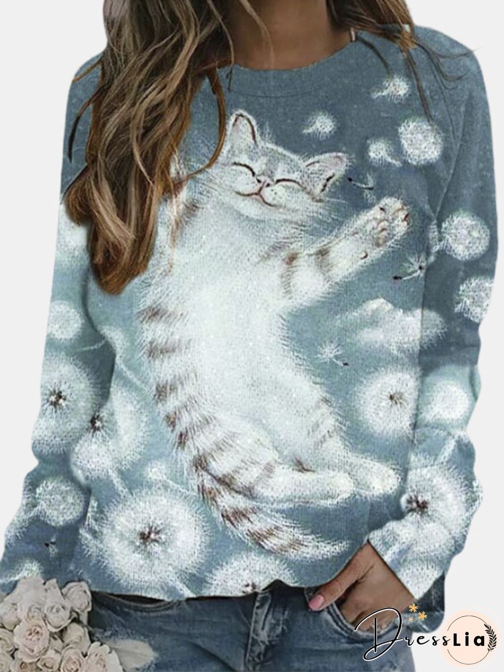Cartoon Cat Printed O-neck Pullover Graphic Sweatshirt For Women