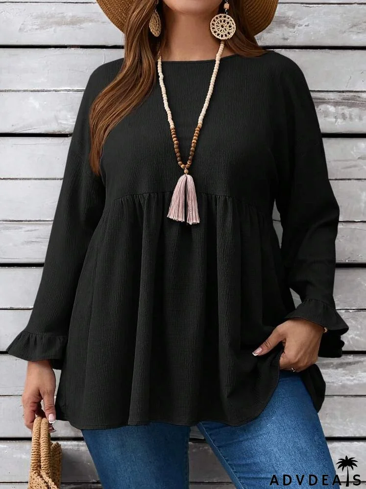 Plus Size Women's Spring/Summer Solid Color Round Neck Long Sleeve Loose Cute Blouse