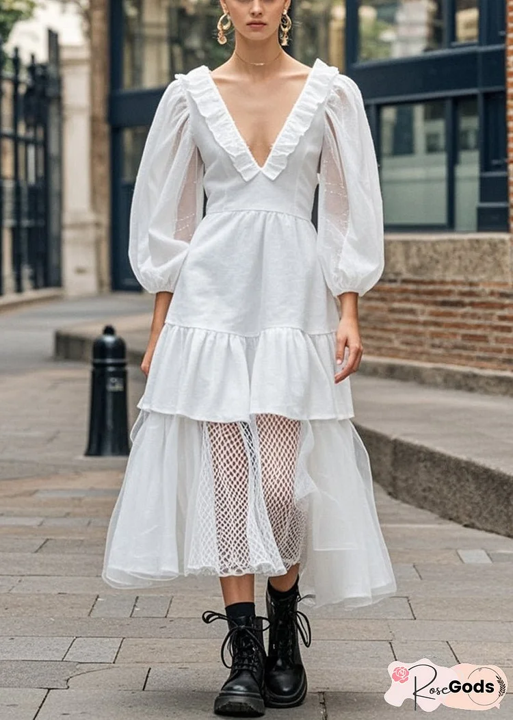 Women White Ruffled Patchwork Cotton Long Dress Bracelet Sleeve