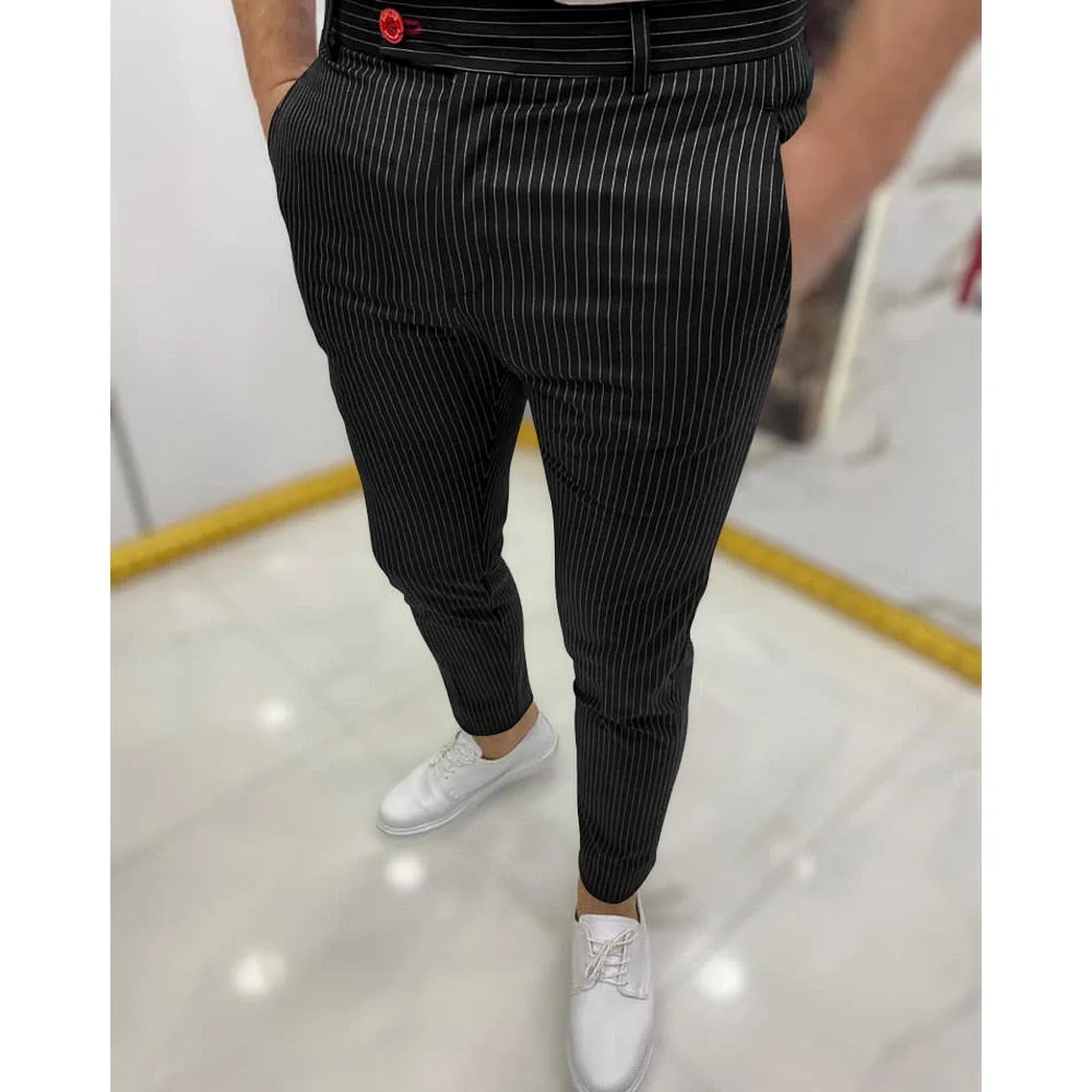 Inongge New Striped Trousers For Men Fashion Men's Clothes Wine Red Stright Casual Pants Classic Retro Wedding Party Formal Suit Bottoms