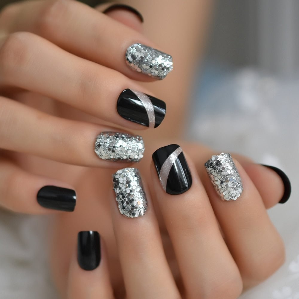 Rough Silver Press On Glitter Faux Ongles Reusable Short Black Nails Fake Bling Lady Artificial Acrylic Nail Tips for Fingers