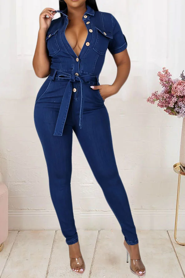Solid Color Casual Button Thru Jumpsuit