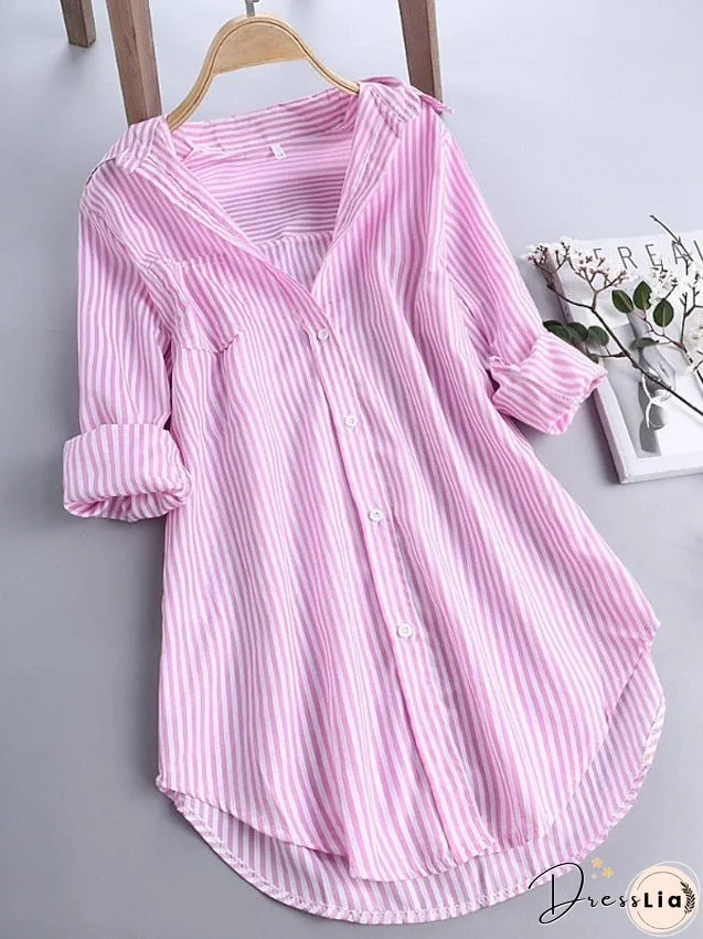 Shirt Blouse Black Pink Wine Striped Asymmetric Long Sleeve Going out Weekend Streetwear Shirt Collar Regular L for Women