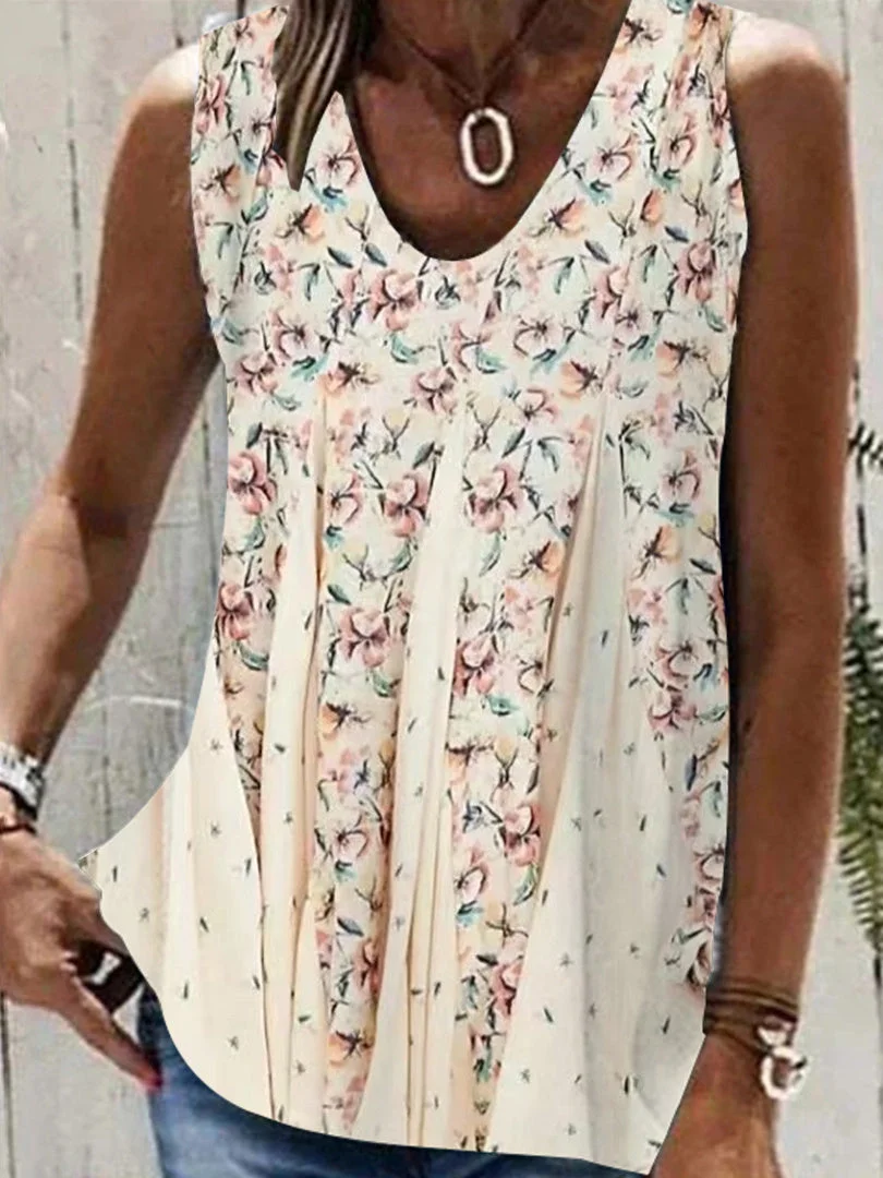 Women Sleeveless V-neck Floral Printed Graphic Top