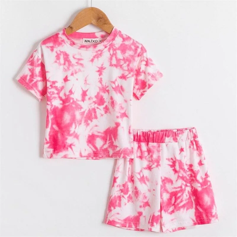 Toddler Girls Summer Short Sleeve Clothes Set Colorful Tie Dye Printed T-shirt+Pants Solid 1 2 3 4 5 Years Baby Kids Outfits