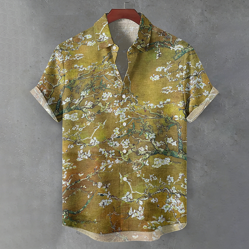 Men's Retro Floral Print Casual Short-sleeve Linen Shirt  artssus