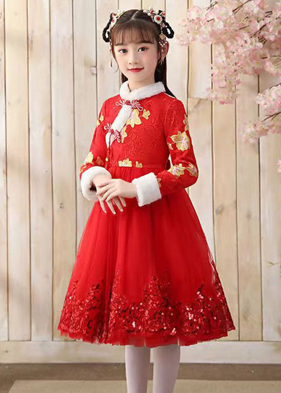 VCSHOES Red Fur Collar Sequins Patchwork Button Tulle Girls Long Dress Winter