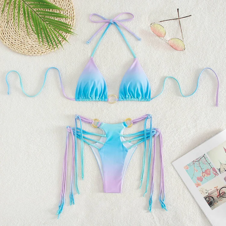 Women's Sexy Gradient Knot Halter Summer Beach Tassel Swimsuit Bikini VOCOSI VOCOSI