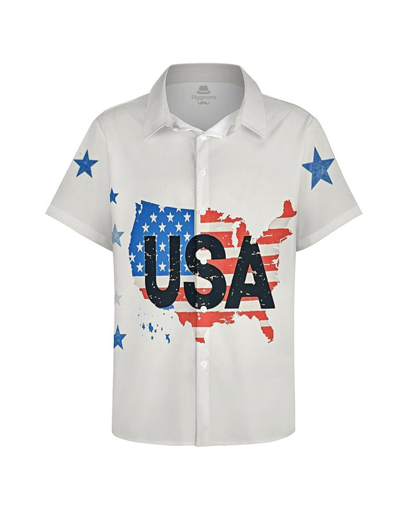 Men's Plus Size Independence Day Color Map Star Print Short Sleeve Shirt