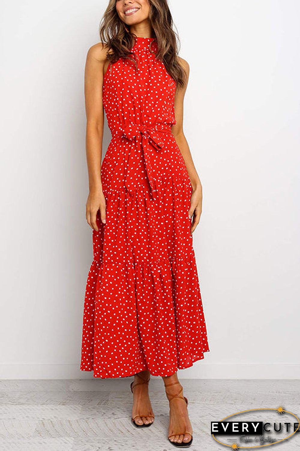Print Belted Sleevelss Maxi Dress