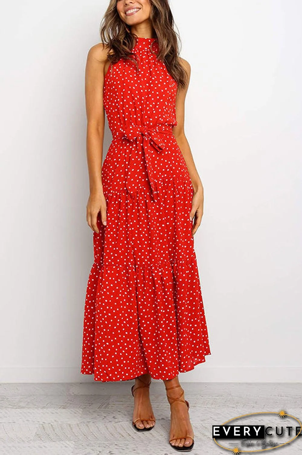 Print Belted Sleevelss Maxi Dress