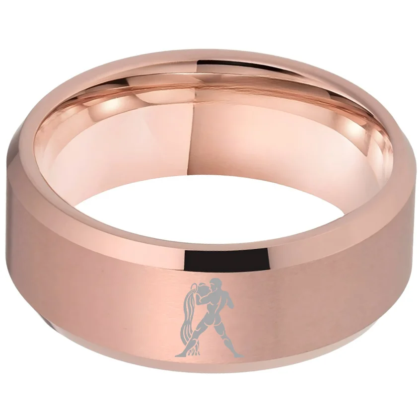 Beveled Edges Rose Gold Laser Etched Tungsten Carbide Rings Rose Gold Aquarius Couple Wedding Band 4MM 6MM 8MM